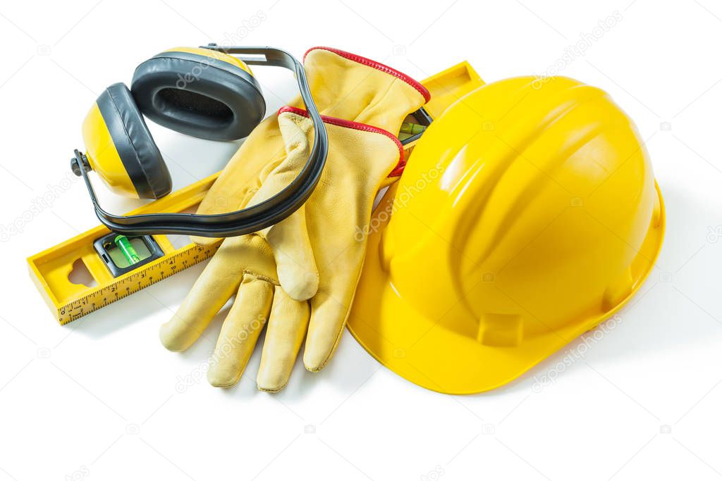 construction working tools helmet gloves level earphones isolate