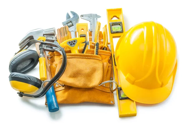 Construction Tools Isolated White Helmet Toolbelt Earphones Other — Stock Photo, Image