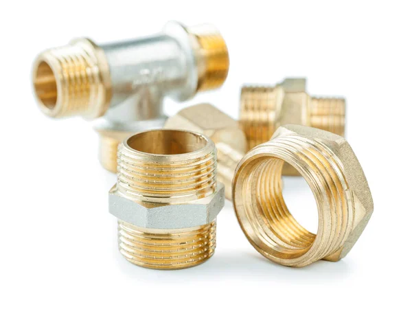 Set Brass Plumbers Fixtures Isolated White — Stock Photo, Image