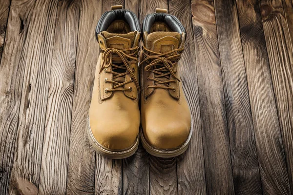 Construction Tools Sawety Wear Leather Working Boots Vintage Wooden Boards — Stock Photo, Image