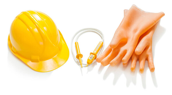electric tester dielectric gloves and yellow helmet isolated on white