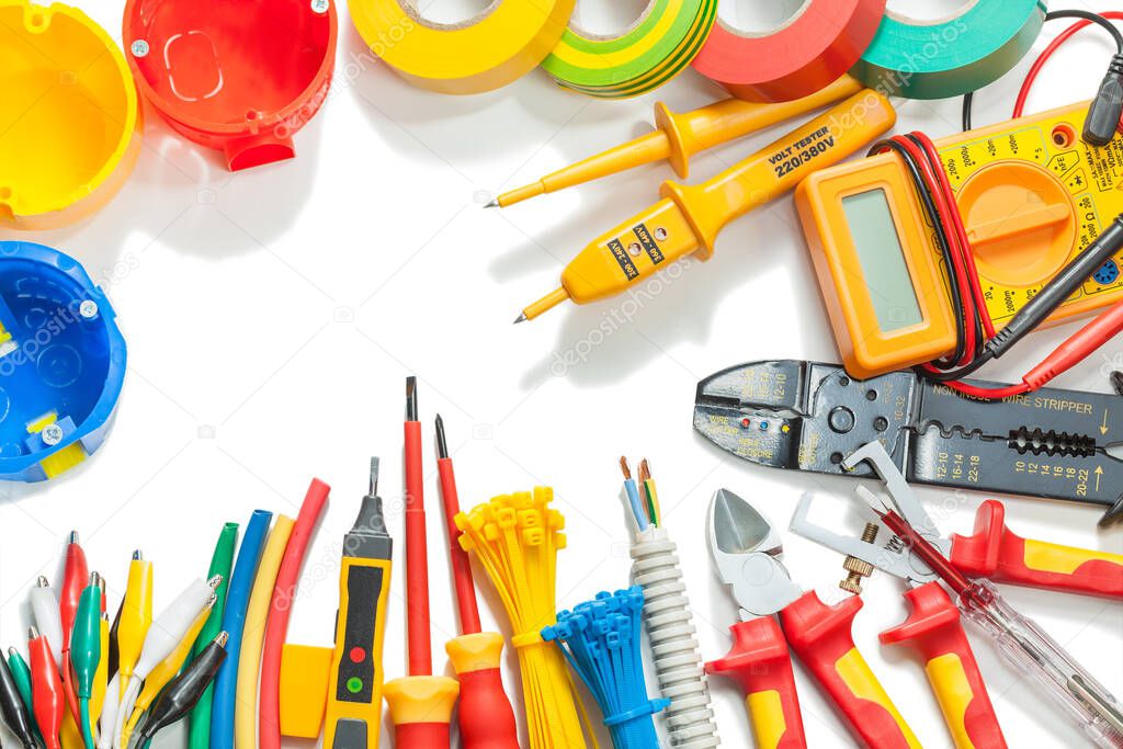 big set of electric tools isolated on white background