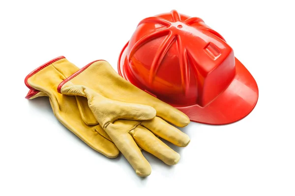 Construction Tools Yellow Leather Gloves Red Helmet Isolated White — Stock Photo, Image