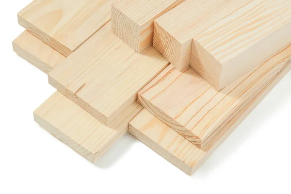 Dennenhouten Balken Planken Geïsoleerd Wit — Stockfoto