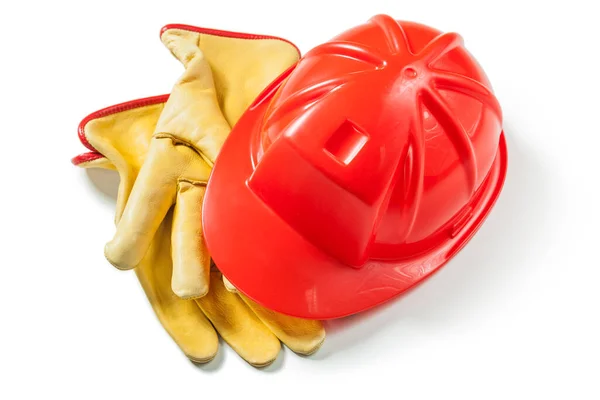 Bauhandschuhe Und Roter Helm Isoliert — Stockfoto
