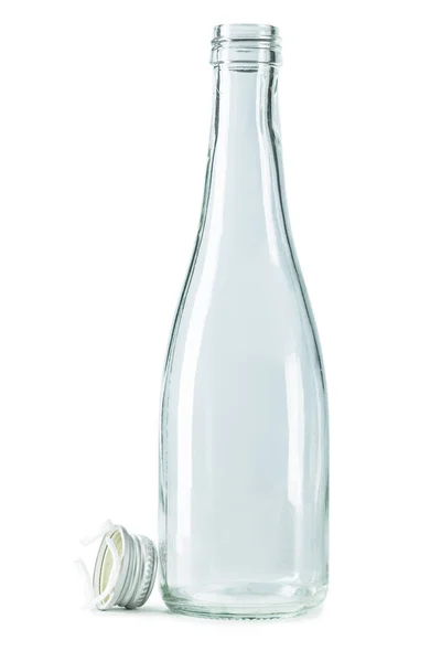 Pusta Szklana Butelka Kubkiem Metalicznym Izolowanym Białym — Zdjęcie stockowe
