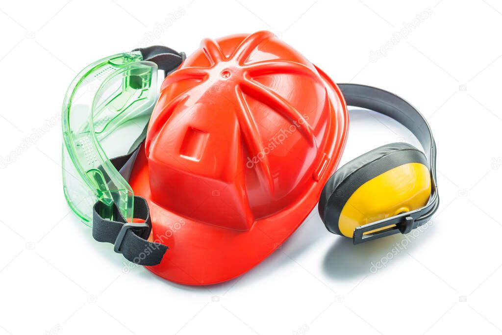 red helmet yellow earphones and green goggles isolated on white