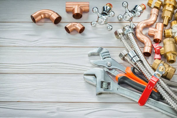 Copper Brass Plumbing Fittings Connection Pipes Adjustable Wrenches Vintage Wooden — Stock Photo, Image