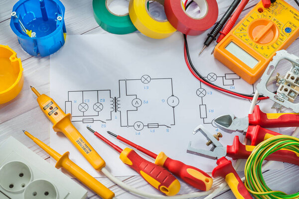 electrical tools big set on white painted wooden boards background