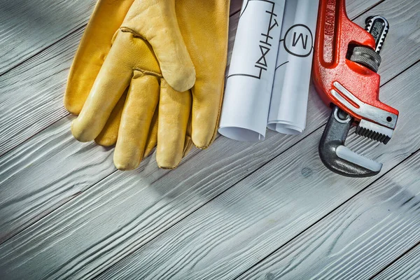 Ingeniería Plomería Laminados Planos Tuberías Llave Tubo Guantes Trabajo Cuero — Foto de Stock