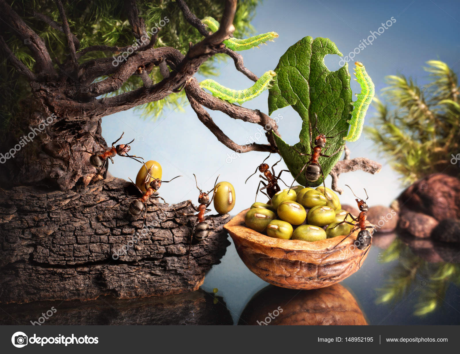 Caterpillars eat sail of ants bark — Stock Photo © antrey 148952195