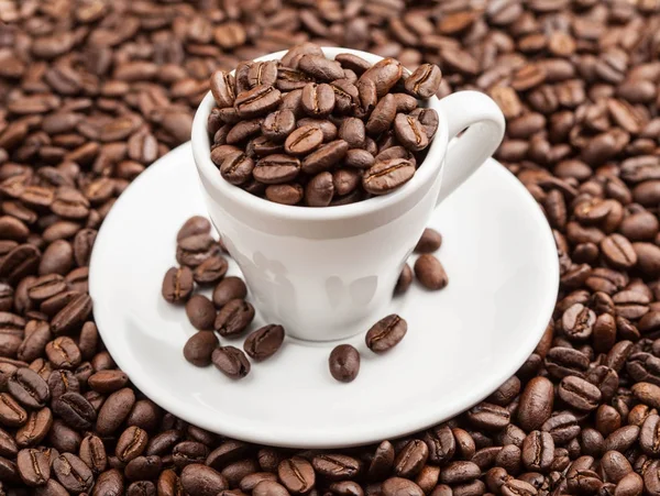 Cup in roasted coffee beans — Stock Photo, Image