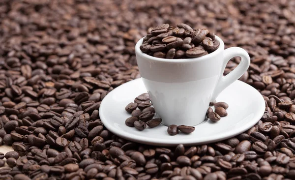 Ceramic cup full roasted coffee breans — Stock Photo, Image