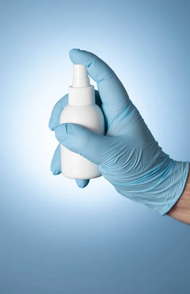 Man Hand Blue Medical Glove Holds White Plastic Spray Covid Stock Image