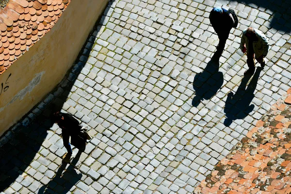 Aerial View People Walking Pavement Old Town Street Romania — Stock Photo, Image