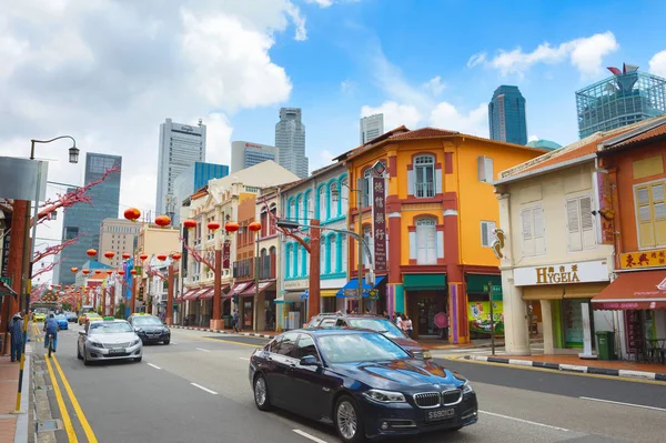 Singapur Febrero 2017 Tráfico Ocupado Carretera Chinatown Singapur Chinatown Enclave — Foto de Stock