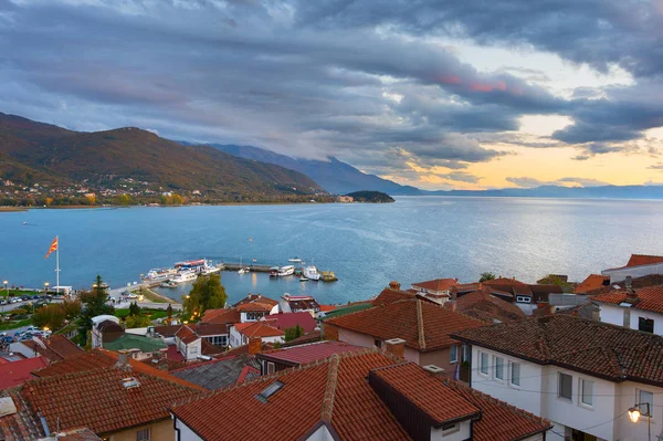 Skyline Ohrid Gyönyörű Naplemente Macedónia — Stock Fotó