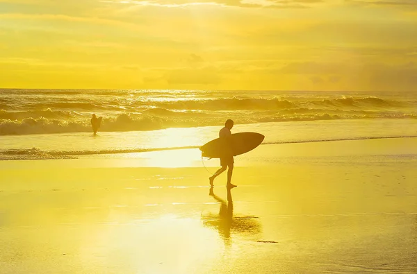 冲浪者的剪影在海滩与冲浪板在日落期间 — 图库照片