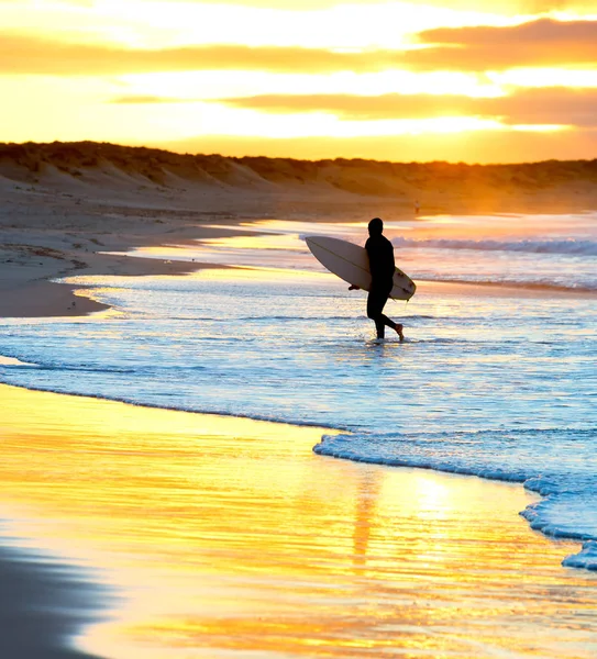 Silhouette szörfös tengerpart naplemente Portugália — Stock Fotó