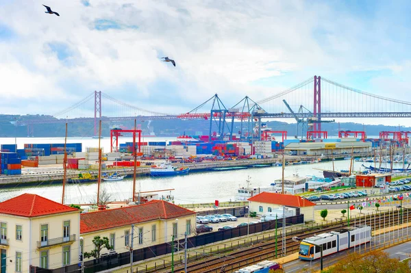 Måsar Över Lissabons Kommersiella Hamn Fartygscontainrar Och Fraktkranar Skyline Med — Stockfoto