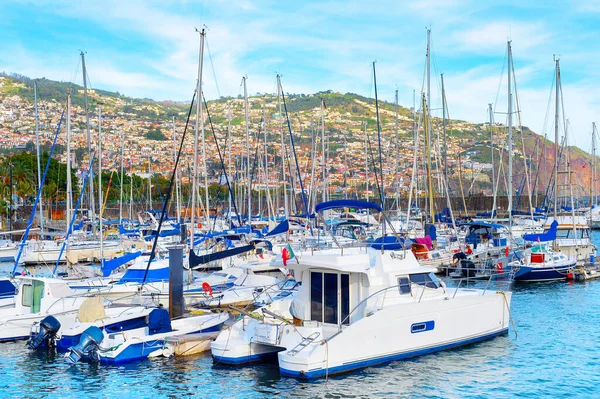 Marina Met Witte Jachten Motorboten Funchal Stadsgezicht Achtergrond Madeira Portugal — Stockfoto