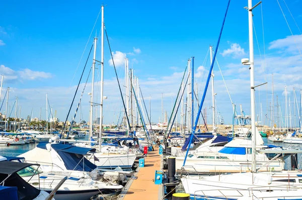 Iates Brancos Lanchas Atracadas Por Cais Marina Porto Sol Brilhante — Fotografia de Stock