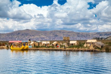 Colorful boats in Uros Island clipart