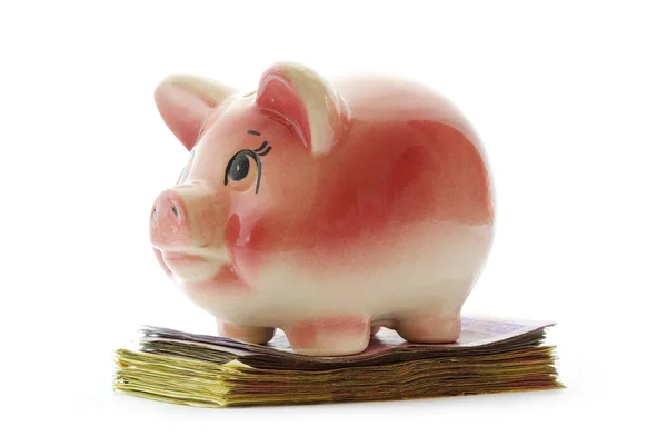 Piggybank standing on pile of notes — Stock Photo, Image