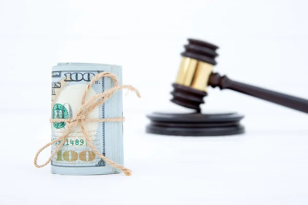 Judge Gavel Money Brown Wooden Table Concept — Stock Photo, Image