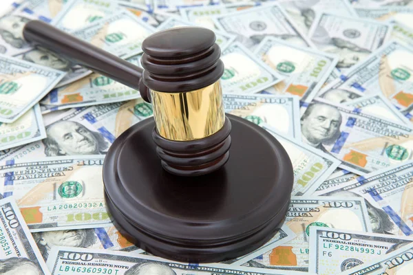 Judge Gavel Money Brown Wooden Table Concept — Stock Photo, Image