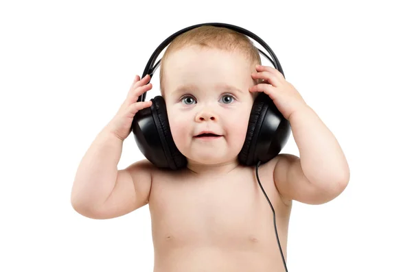 Smiling Baby Headphone Isolated White Background — Stock Photo, Image