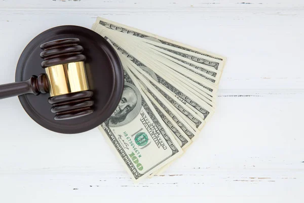 Judge Gavel Money Brown Wooden Table Concept — Stock Photo, Image