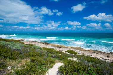 Meksika vahşi taş plajda kayalar üzerine çökmesini dalgalar deniz. Tropikal deniz rahatla