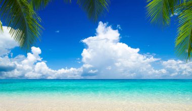 temiz deniz ve Maldivler mavi gökyüzü ile tropikal plaj