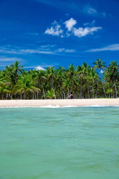 Övergivna Vit Sandstrand Med Palmer Och Azure Himlen Med Moln — Stockfoto