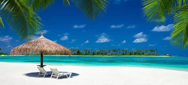 Tropisch Strand Met Ligstoelen Onder Paraplu Blauwe Hemel — Stockfoto