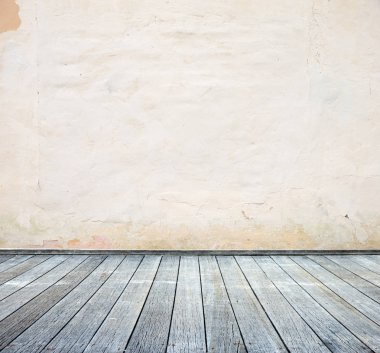 Arka plan veya doku için ahşap güverte ile beyaz duvar