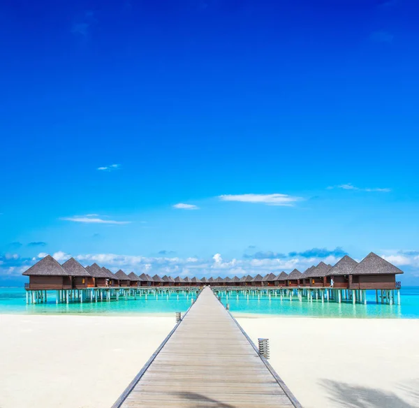 Playa Tropical Con Cielo Azul Marino Limpio Puente Bungalows Agua — Foto de Stock