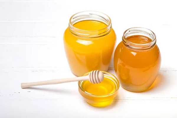 Honey Jar Honey Dipper Wooden Background — Stock Photo, Image