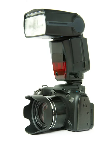 Digitale Camera Met Lens Geïsoleerd Wit — Stockfoto