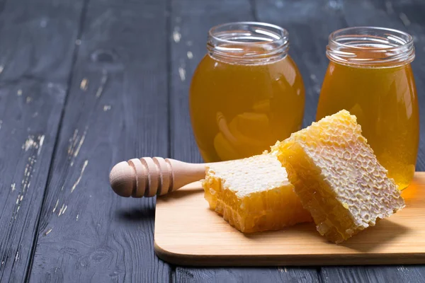 Honighintergrund Süßer Honig Glas Auf Holzgrund — Stockfoto