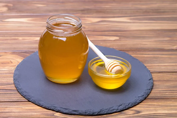 Honighintergrund Süßer Honig Glas Auf Holzgrund — Stockfoto