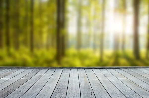 Table Terrasse Bois Avec Fond Forêt — Photo