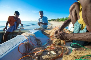 Kosgoda, Sri Lanka, Mach 23: ayrıntı görünümü yerel balıkçıların balık Balık ağı üzerinden alma.