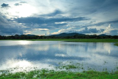 Sri Lanka Gölü çimen, dağlar ve bulutlu gökyüzü arka plan.