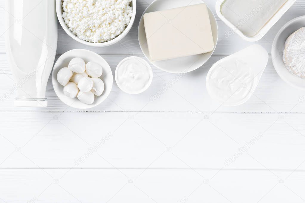 Dairy products on wooden table