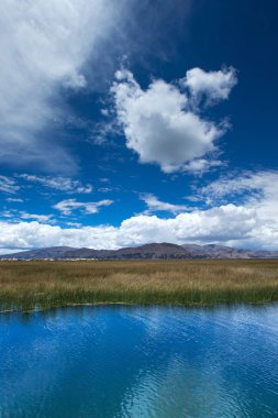 Puno, Peru yakınlarındaki Titicaca gölündeki Totora teknesi.