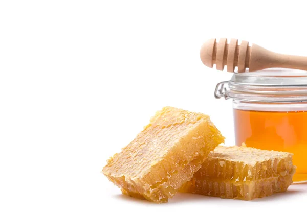 Honey Dipper Honey Jar White Background — Stock Photo, Image