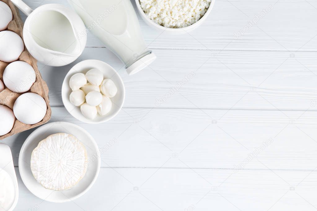 Dairy products on wooden table