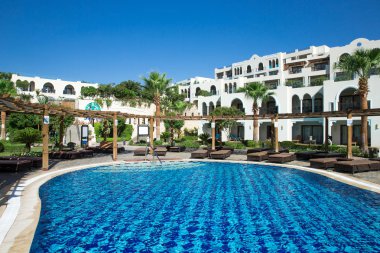 Hindistan cevizi ağacı ve beyaz şemsiyeli yüzme havuzu